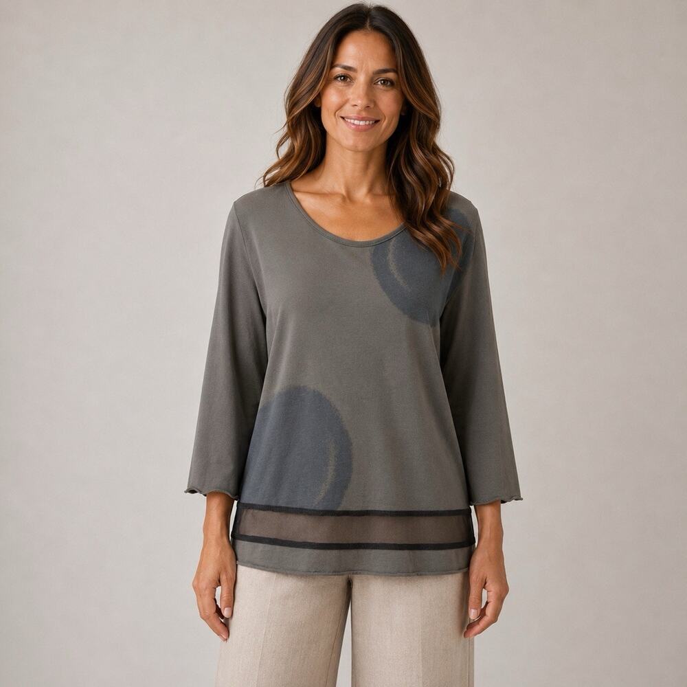 LUUKAA Boxy Top size 8 Gray Painted Circles Sheer Mesh Stripe Artsy Lagenlook